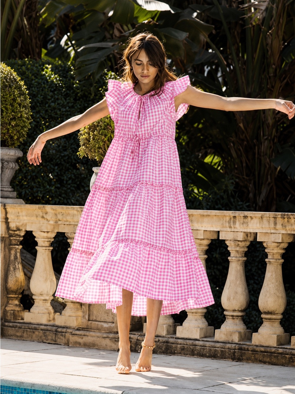 Ephemera Trapeze Maxi Dress Pink Gingham Flutter Sleeve Cotton M/L EUC